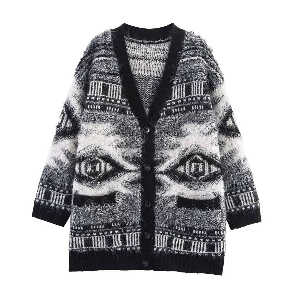 

Taop&Za Women's New Fashionable and Comfortable V-neck Single breasted Long Sleeve Temperament Casual Jacquard Knitted Cardigan