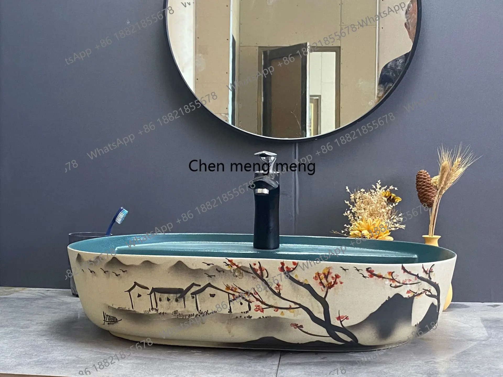 Art basin with holes on the stage, large winter melon bathroom wash basin, Chinese personalized wash basin