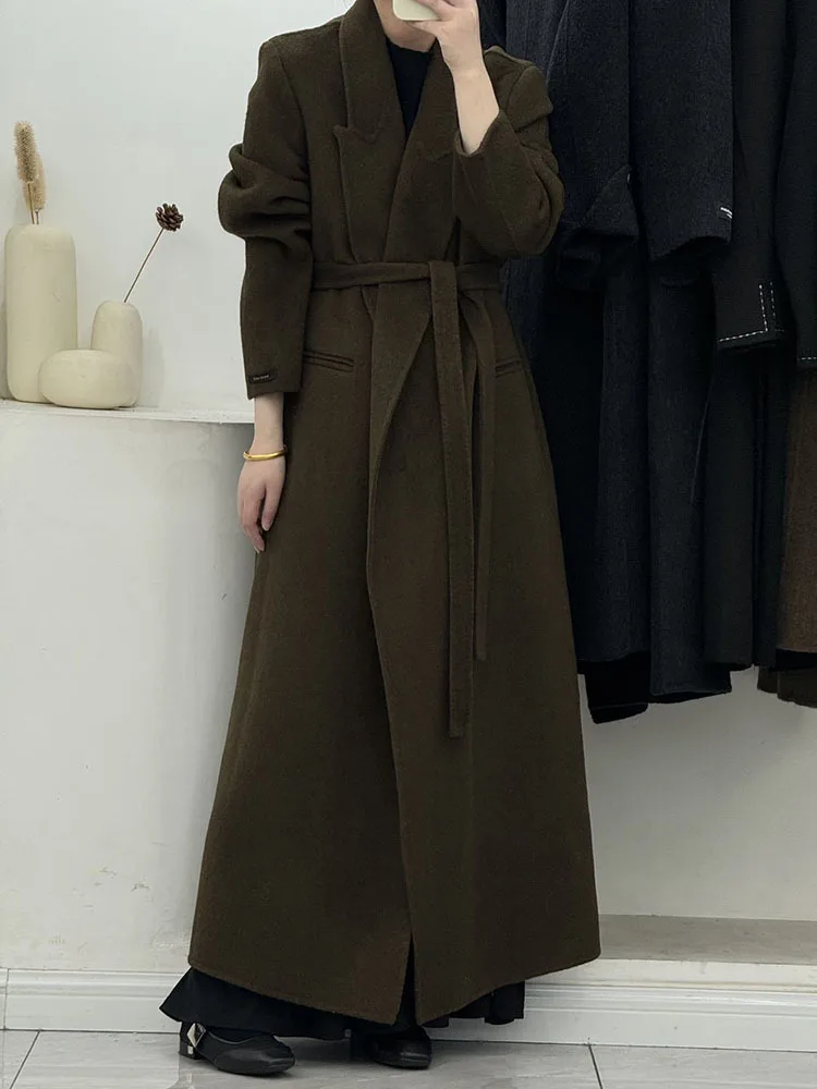 DEAT Fashion Women\'s Double-side Woolen Coat Lapel Loose Long Sleeve Sashes Solid Color Blends Overcoat Winter 2024 New 7AB5357