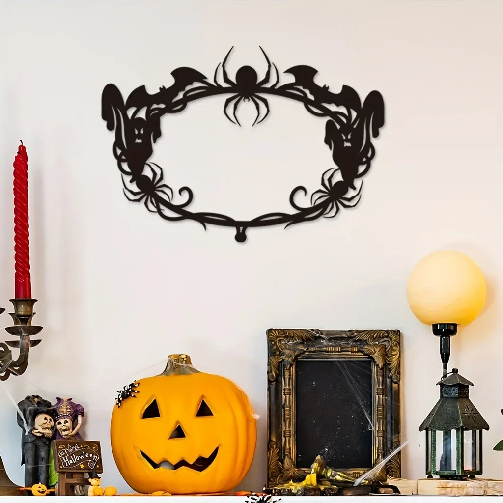 1pc, Halloween Metal Wreath Home Decoration Halloween Door Decoration Spider Bat Ghost Decoration Frame Day of The Dead Gifts