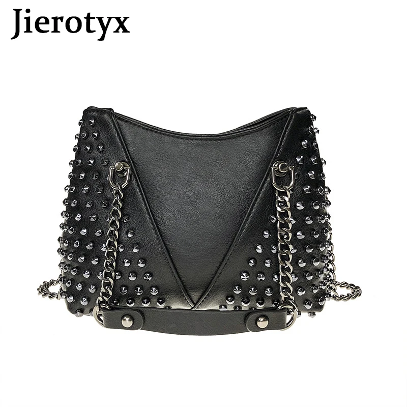 JIEROTYX nabijana torba na ramię dla kobiet skórzana Punk Style Rock nitowa torba Crossbody torebka z łańcuszkiem portfel portmonetka dla dziewczynek