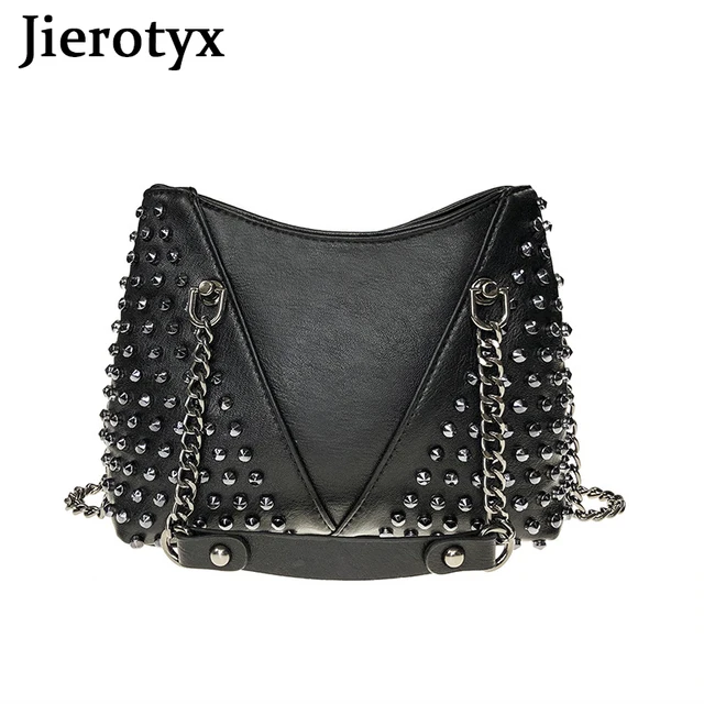 JIEROTYX nabijana torba na ramię dla kobiet skórzana Punk Style Rock nitowa torba Crossbody torebka z łańcuszkiem portfel portmonetka dla dziewczynek