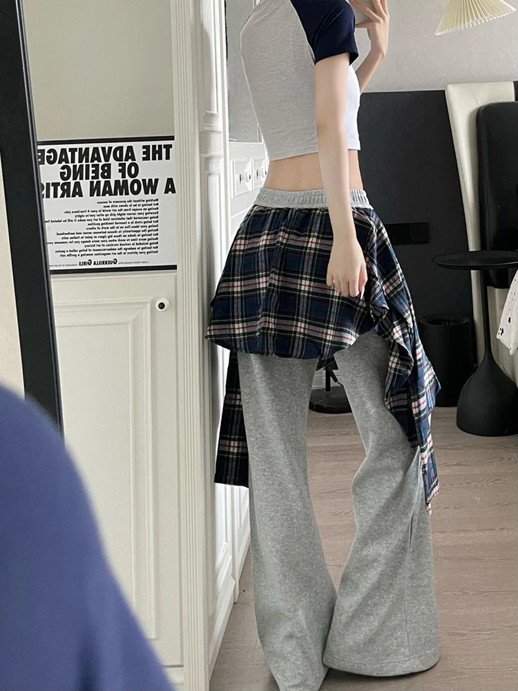 Damskie spodnie streetwear w stylu vintage, krata, imitacja dwóch warstw, patchworkowe, luźne, codzienne spodnie Harajuku, jednolite, z wysokim stanem, szerokie nogawki, nowość.