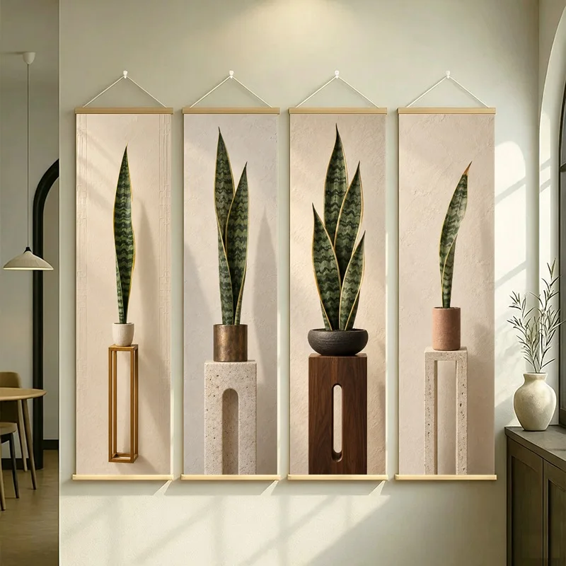 Sword Leaf Wall Art 4-Panel Tall Green Plant Pot Hanging Scroll Set on Cream Silver Shimmer Canvas for Minimalist Hallway Decor