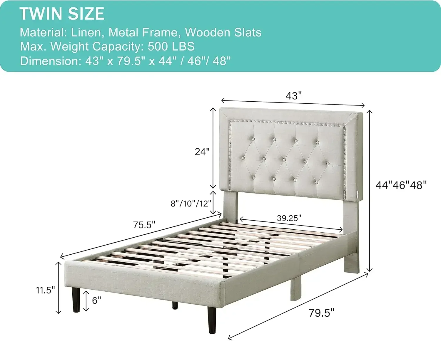 Twin Upholstered Platform Bed Frame with 48