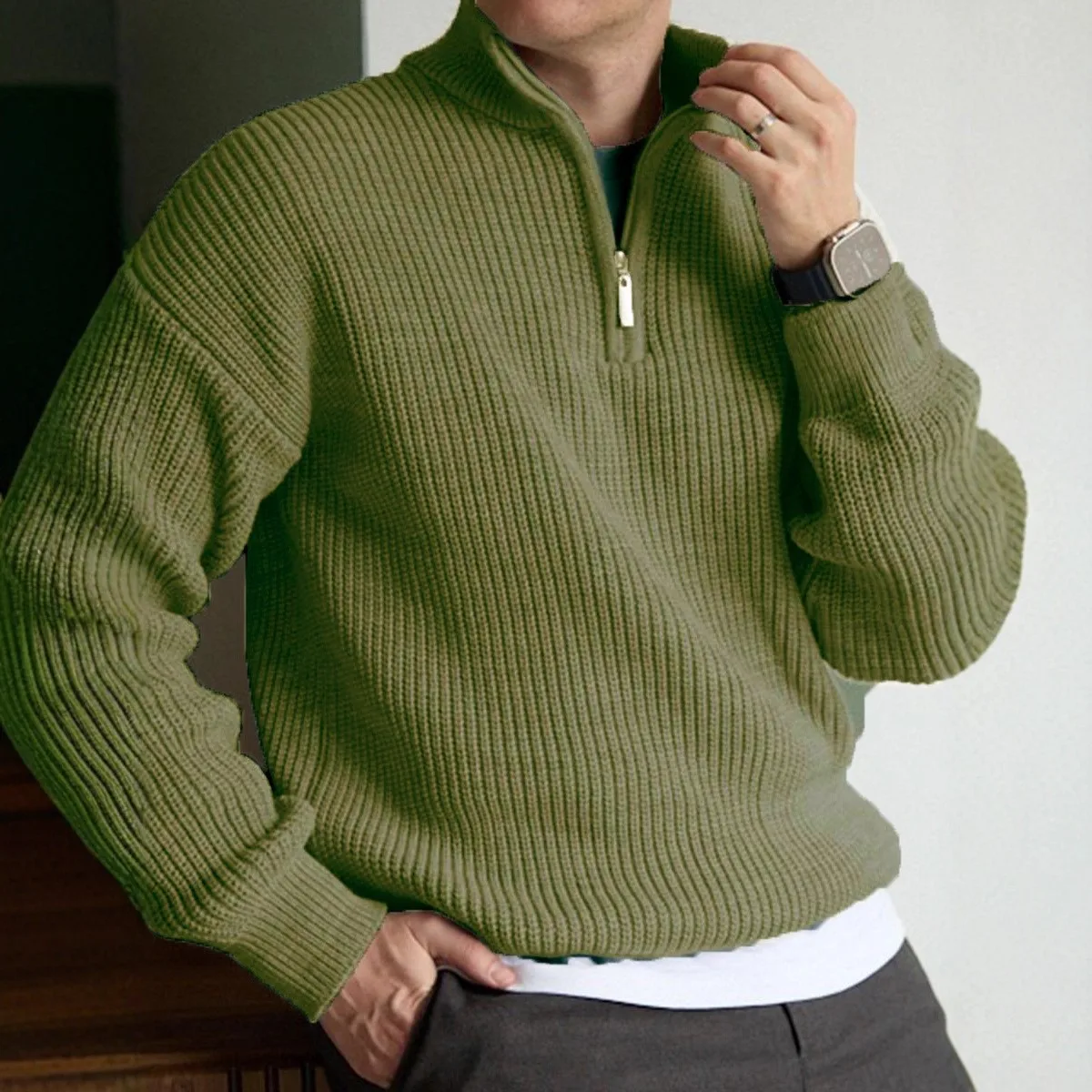 

Мужской вязаный свитер с воротником-стойкой и полузастежкой на осень и зиму, подходит для повседневной и модной верхней одежды