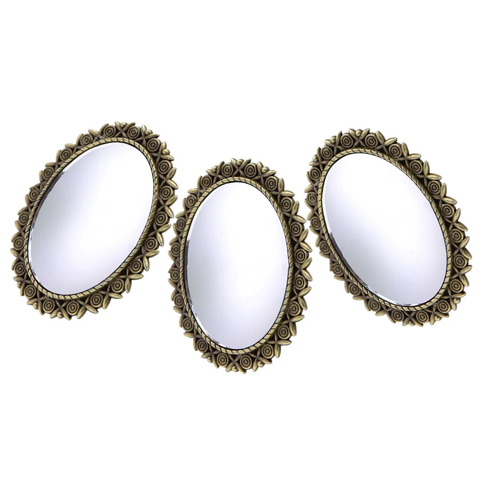 

3Pcs Vintage Decorative Framed Mirror Bronze Finish Small Oval Wall Hanging for Miniature Scene Accessories European
