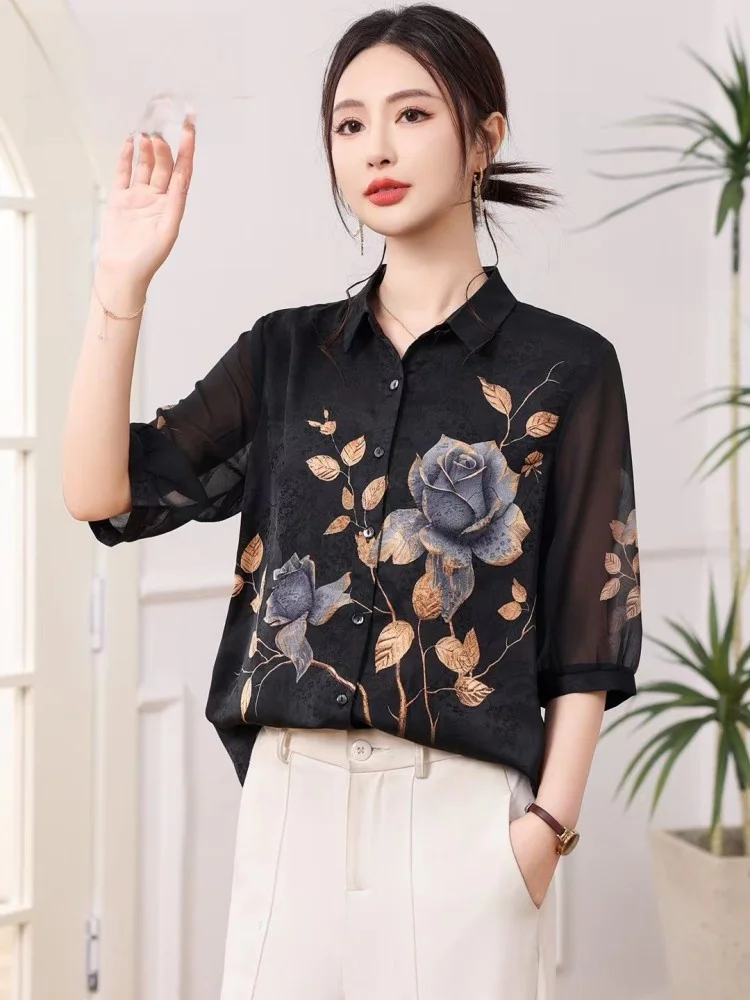 Ele Silk Commuter irt 2025 Summer New Sle Medium Sve Embroidered Women's Top  Collar Single Button Chinese Sle