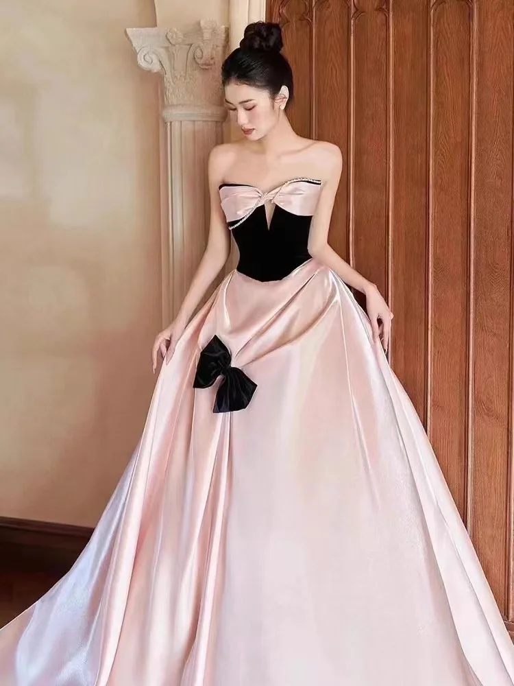 

Pink Satin Evening Dress 2024 New Tube Top Student Adult Ceremony Princess Dress Toast Wear