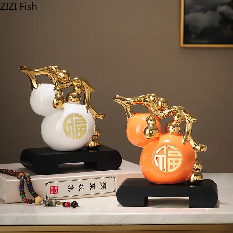 Golden Gourd Ceramic Statue Desk Decoration Ornaments Creative Porcelain Gourd Sculpture Modern Artwork Room Aesthetic Decor