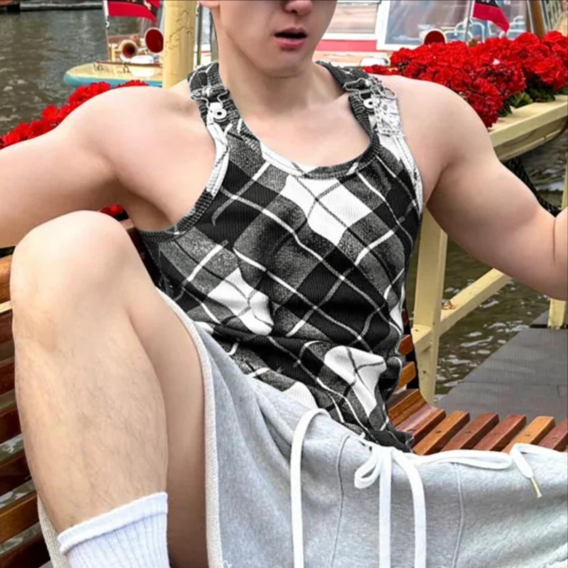 INCERUN Männer Plaid Tank Tops Oansatz Ärmellose Sommer Gestrickte Männliche Westen Streetwear 2026 Dünne Mode Lässig Männer Kleidung Tops