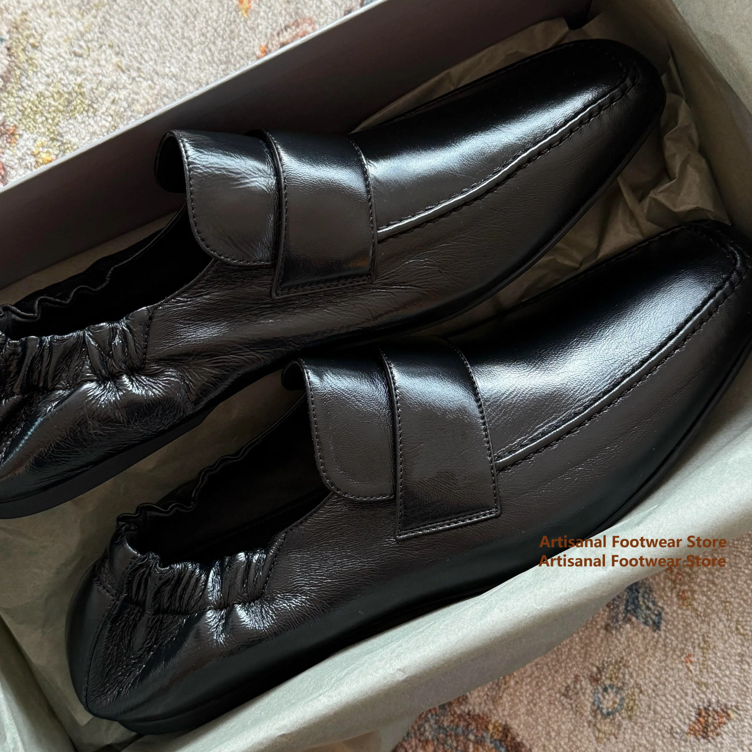 Black Soft Leather Loafers Square Toe Slip On Ruched Elastic Back Comfort Casual Dress Flat Shoes Trendy Handmade Men's Shoes
