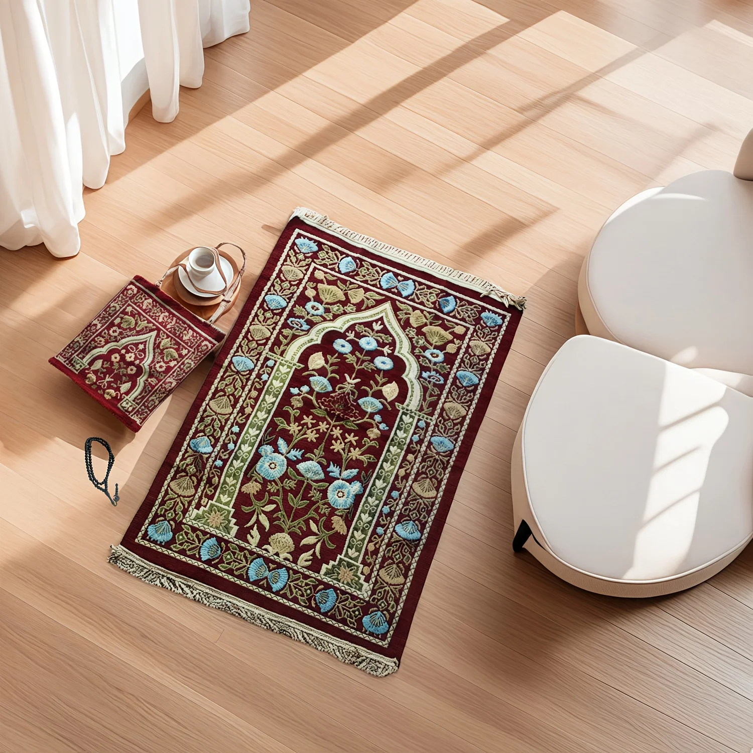 New Chenille floral prayer mat matched with portable travel bag, foldable storage set with 99-bead prayer beads
