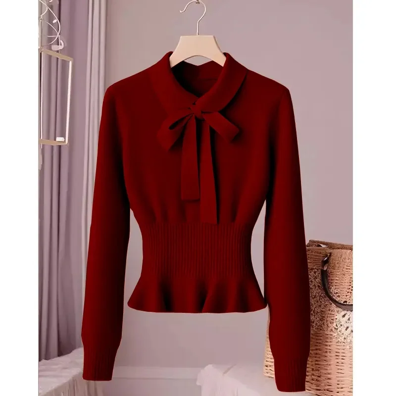 Fashion Flip Collar Bow Sweater Women Autumn Winter Chic Knitted Pullover Sweater Versatile Retract Your Waist Knitwear Tops