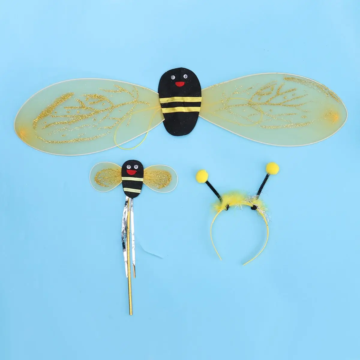 3 szt. Dziecięcy strój pszczoły z skrzydłami, opaską na głowę i różdżką do kreatywnej sukienki pszczółki, akcesoria do cosplayu, rekwizyty kostiumowe, żółty