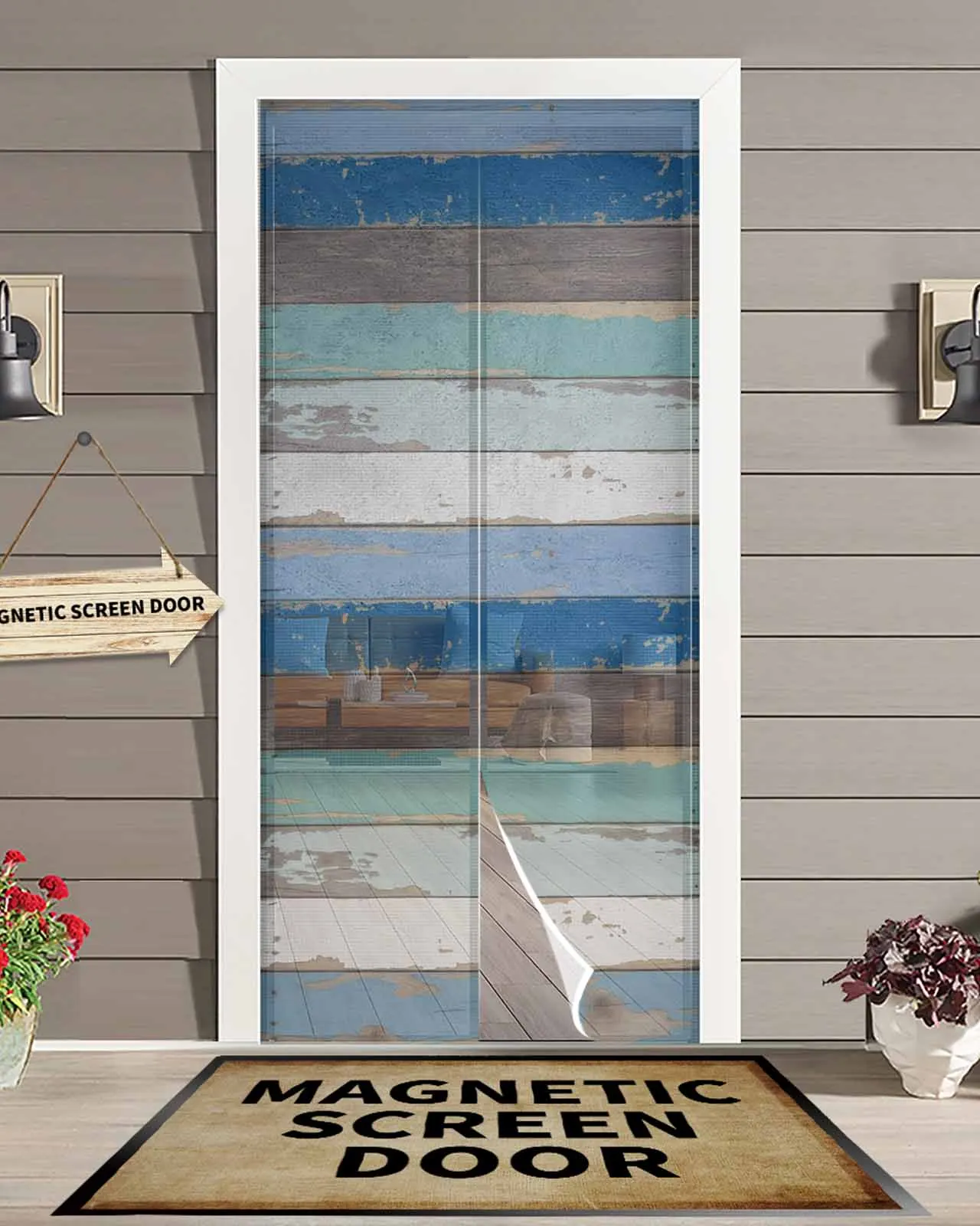

Blue Coastal Distressed Plank Magnetic Door Curtain Living Room Bedroom Home Anti-mosquito Screen Door Curtain