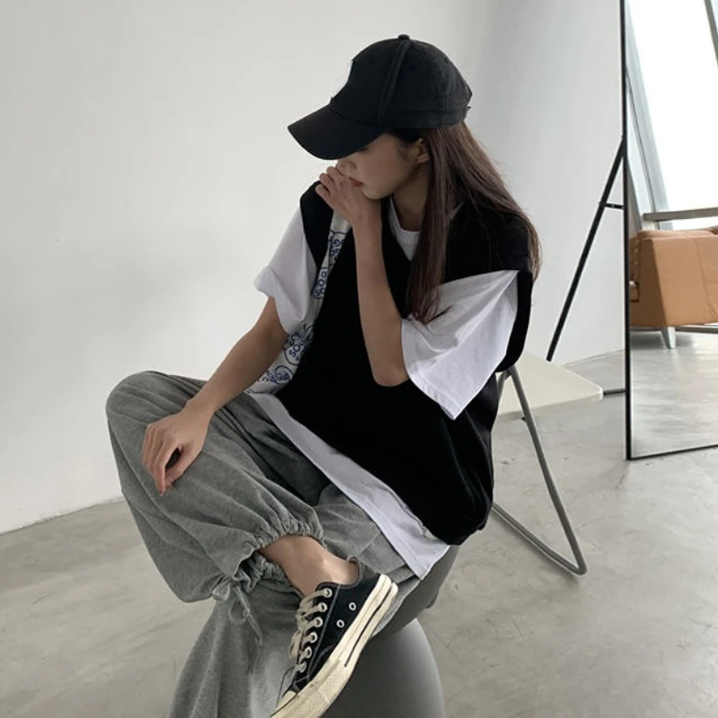 Gilet Donna Solido Scollo a V Fresco Streetwear Basic All-match Casual Unisex Harajuku Chic Ulzzang Estate Vendita Calda College Gioventù Accogliente