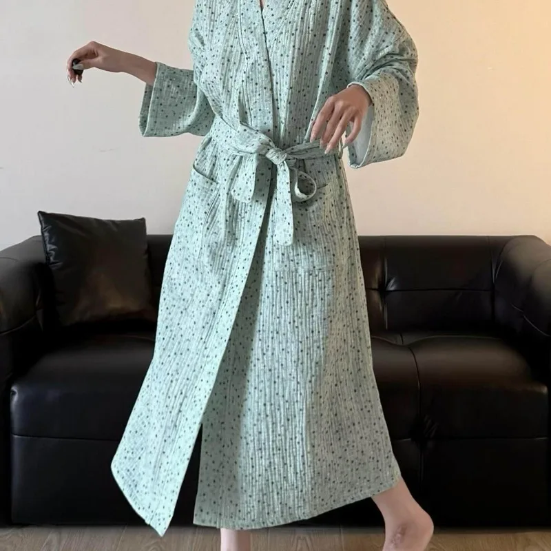 Retro-Sweet Style Polka-Dot Green Lace-Up Women's Spring/Summer New Arrival Loose-Fitting Loungewear Bathrobe Maxi Dress