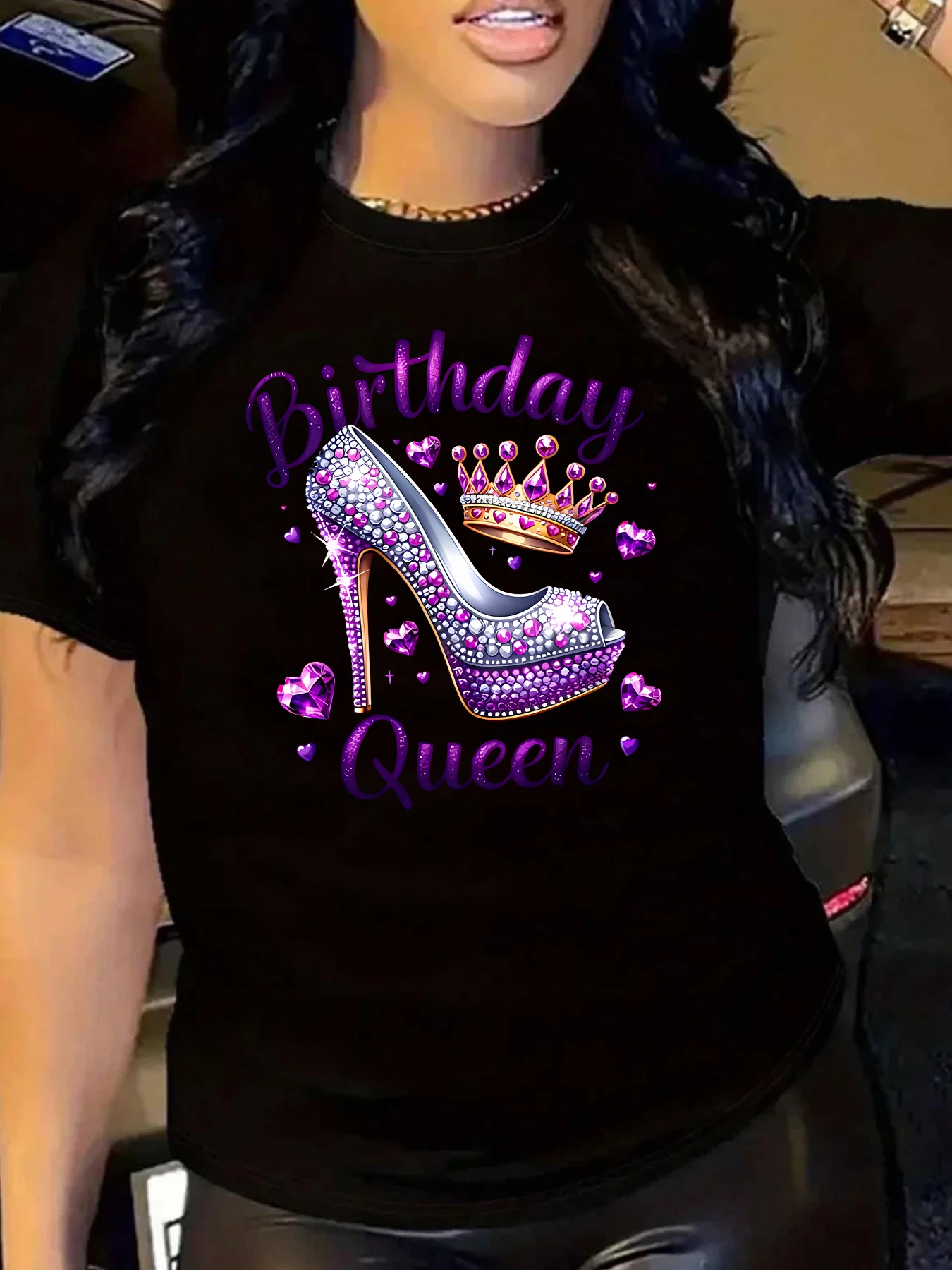 

Fashionable women's high heels with gemstones and crown pattern printed summer T-shirt daily trend short sleeves