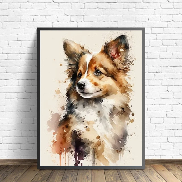 Watercolor Realistic Koki Dog Portrait Print Poster Splatter Ink Adorable Animal Wall Art Canvas Painting Home Living Room Decor