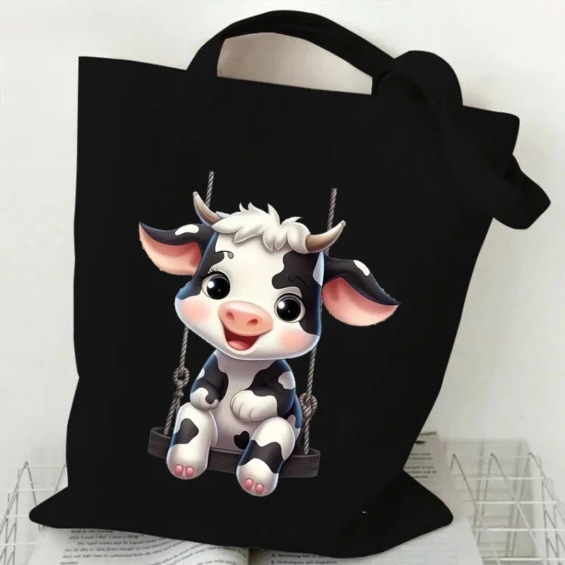 Cute Cow Print Canvas Tote Bag Women\'s Large Capacity Beach Shoulder Bag Student Casual Travel Shopping Bags Cartoon Cow Handbag