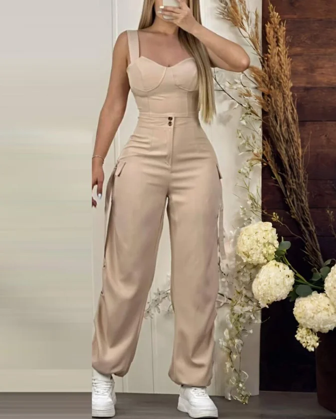 

New Fashion 2025 Sexy Elegant 2 Pieces Outfits V Neck Hollow-Out Sleeveless Tank Top and Casual Pocket Design Cargo Pants Set