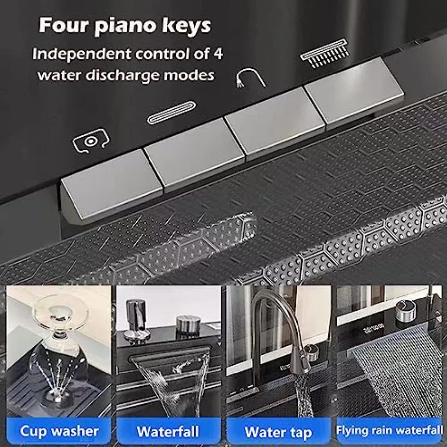 Digital Display Embossed Stainless Steel Nano Black Raindance Waterfall Drop In Sink with Pressurized Cup Washer and Two Waterf