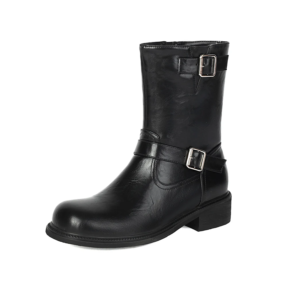 2025 شتاء جديد ناضجة براون الأسود النساء منتصف العجل الأحذية جولة تو ميد كعب مكتب سيدة أحذية عارية زائد حجم كبير 12 43 45 47