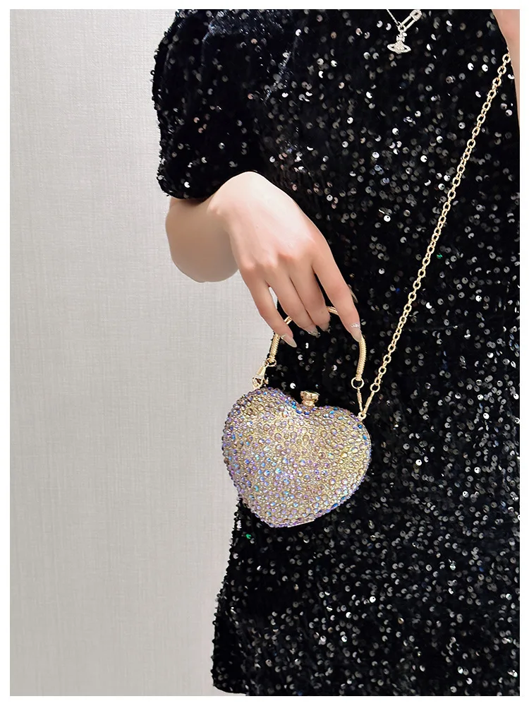 Luxury Diamond Inlay Heart Shape Crystal Clutch Purse Stones Evening Wedding Party Shoulder Bag Handle Rhinestone Mini Handbags view 6