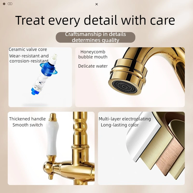 Retro faucet, European style, golden double-handle faucet, bathroom washbasin faucet, ceramic single-hole faucet