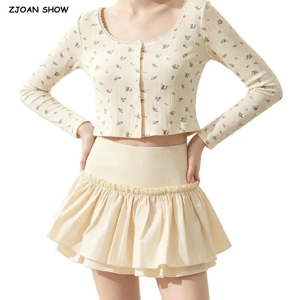 American Retro High Waist Package Hips Wood Ears Fold Ruffles Mini Skirt Ball Gown Cake Skirts With Shorts Lining Femme Bottom