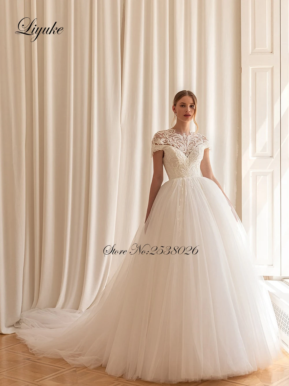 Liyuke Elegant Tulle A-Line Bride Dress Beading Embroidery Lace Off The Shoulder Wedding Gowns With Removable Jacket