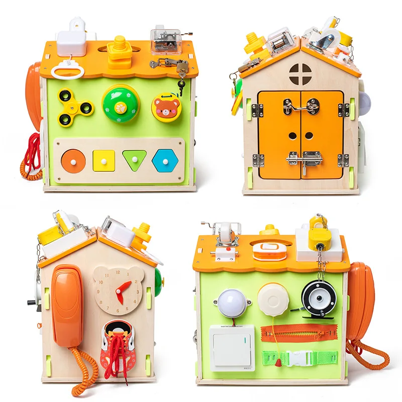 

Wooden Montessori Busy House Children Early Learning Education Busy Box Unlocking Toy Busy Board for Kids Toddlers Kindergarten