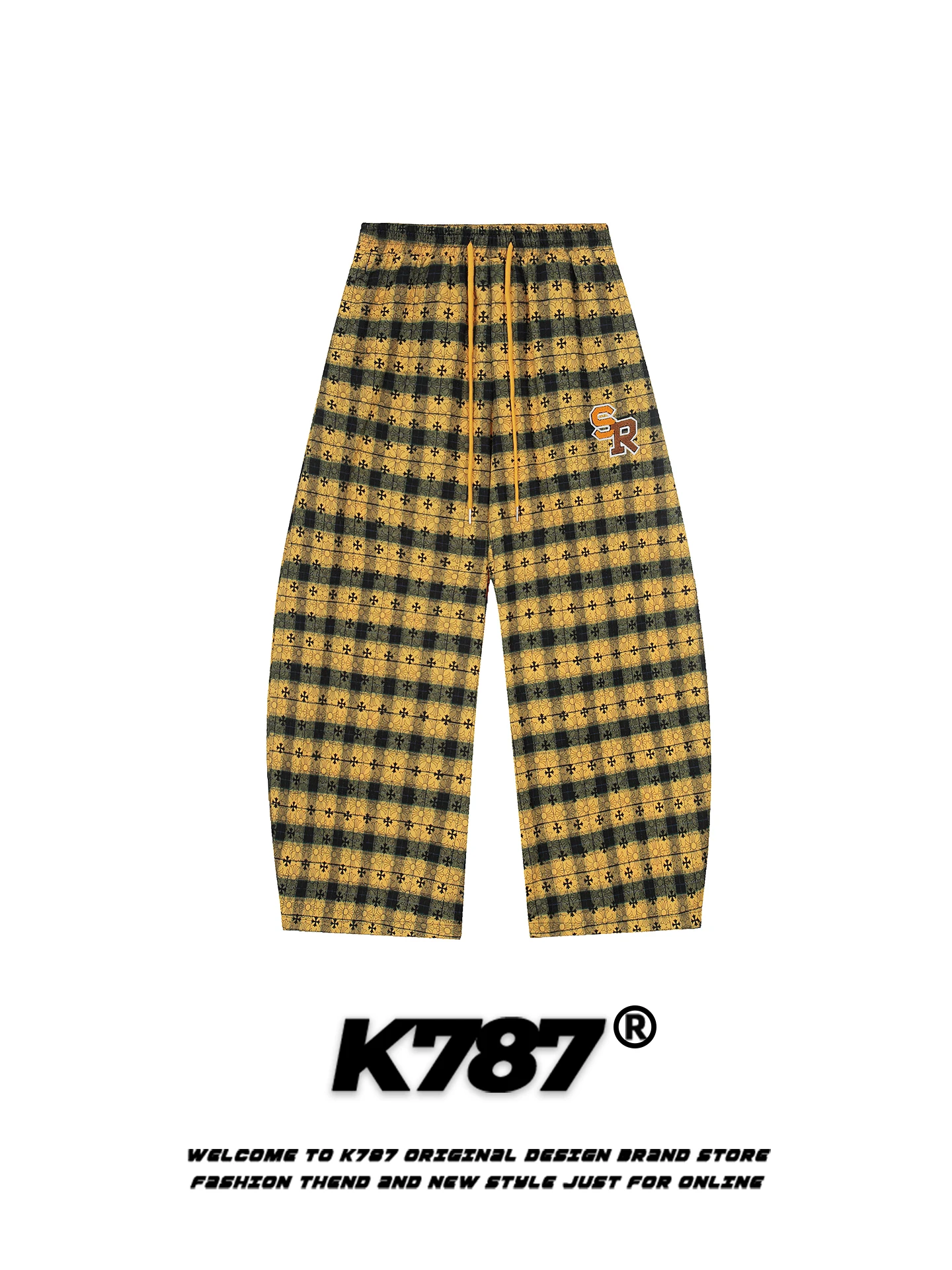 

K787 American Retro Plaid Cross Print Casual Pants Loose Street Sle Women's Wide Leg Long Trousers Comfortable Loose Fit