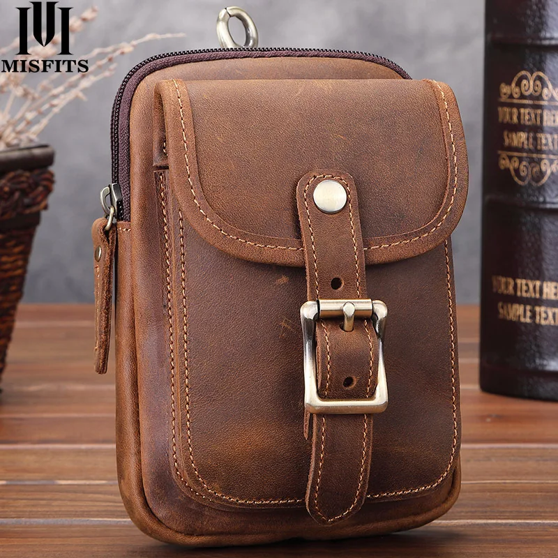 Cartera colgante de cintura de cuero auténtico para hombre, cinturón diagonal cruzado, almacenamiento para teléfono móvil, bolso colgante pequeño de cuero retro para senderismo