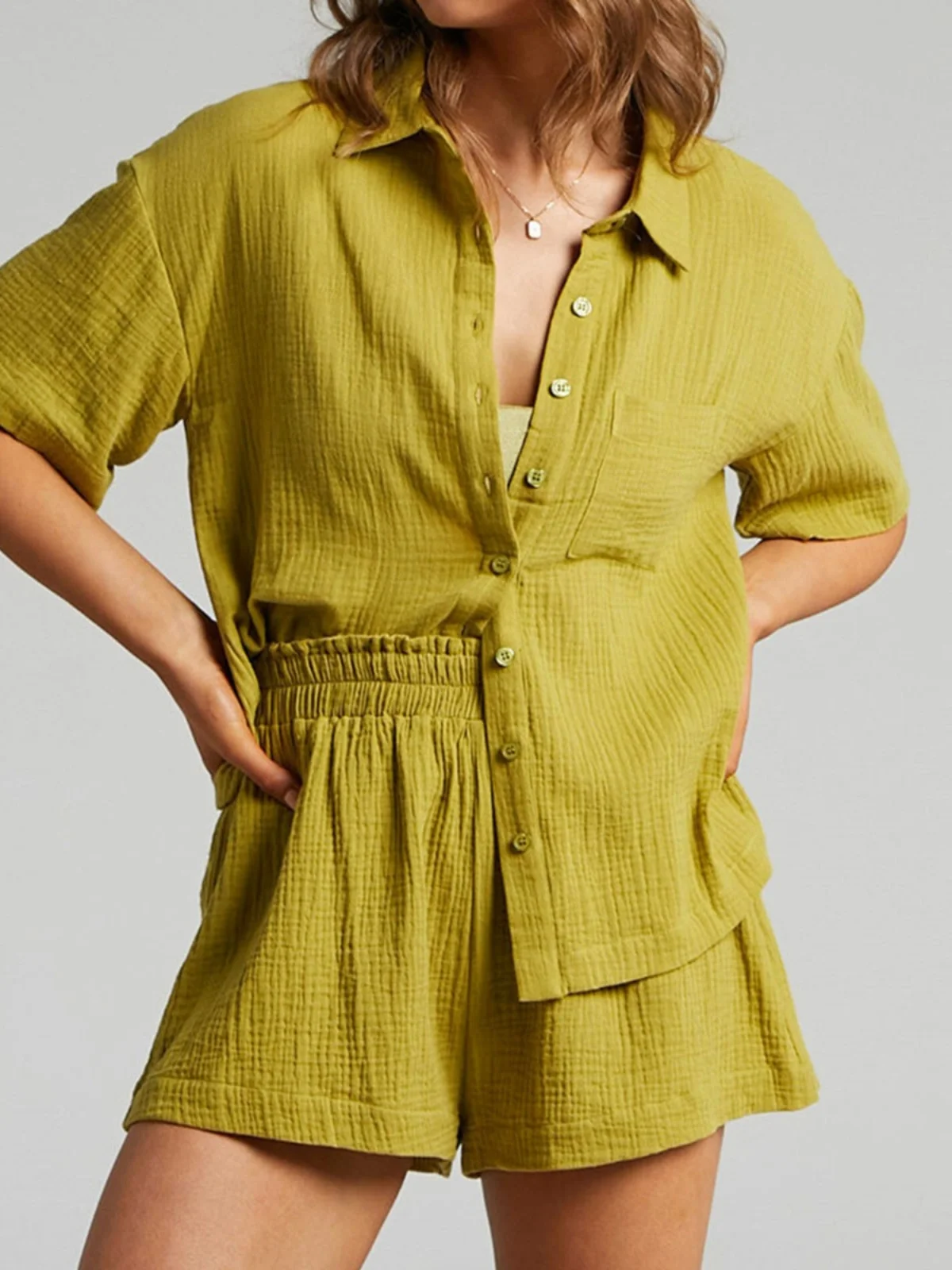 

Casual Loose Fit Single Breasted irt Set Seven Sve V Ne Polyester Material Two Piece Suit for Women in Their 20-35 Years