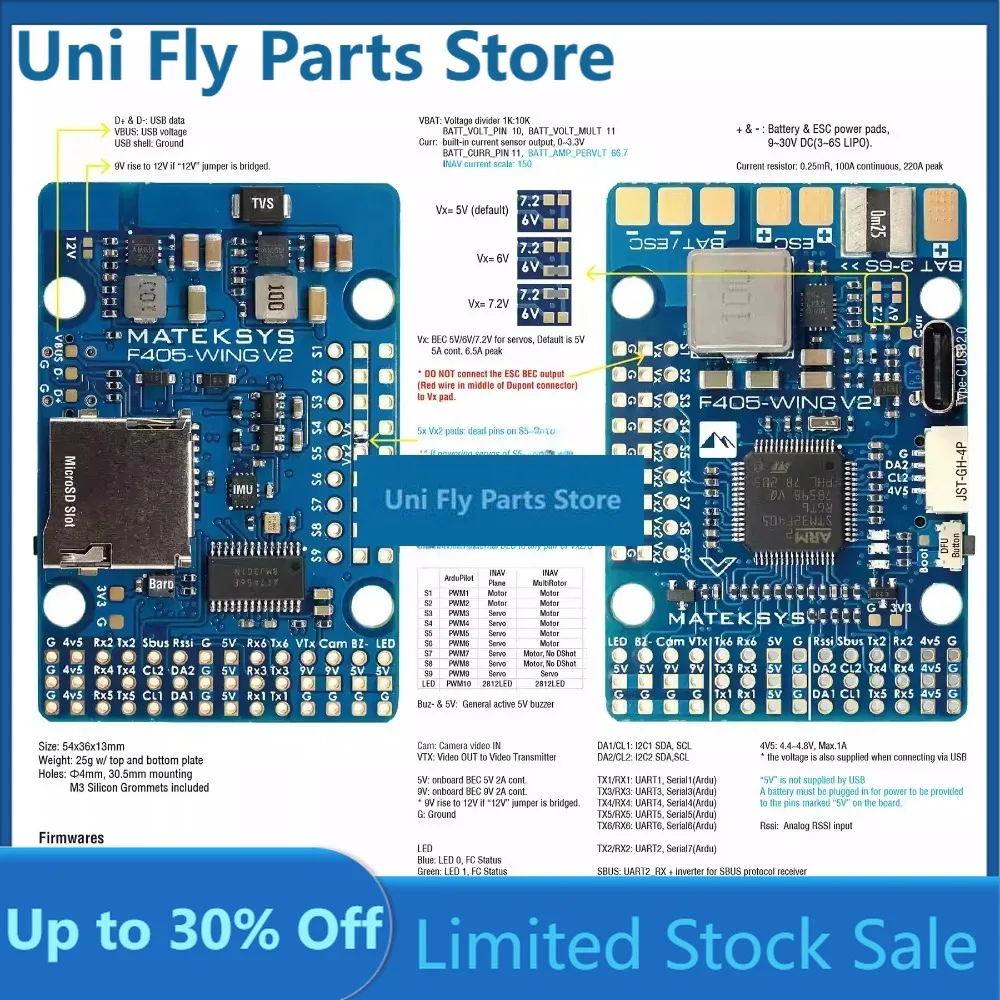 UniFlyMATEK F405-WING-V2 Flight Controller 3-6S Barometer OSD Black Box 3-6S RC Model