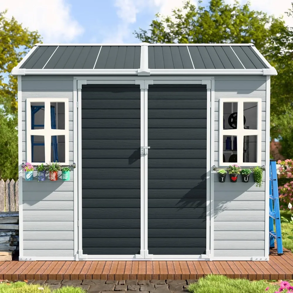 

8x6 Ft Resin Tool Shed, Waterproof Outdoor Storage Shed with Flooring, 2 Windows, Double Doors and Vents