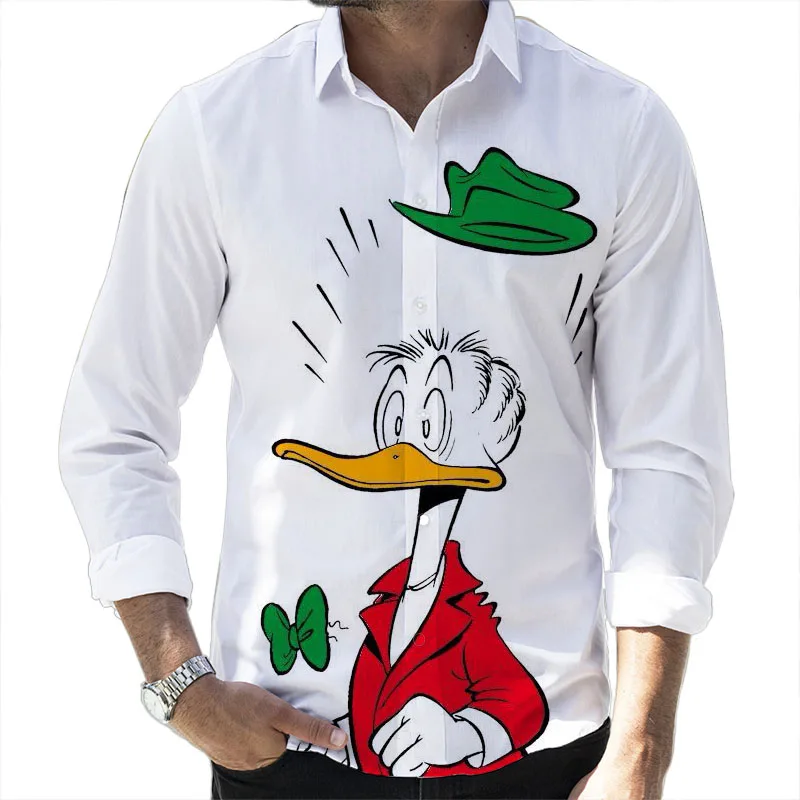 Street Style Donald Duck Cartoon 2024 Spring Harajuku New Fashion Casual 3D Printed Long Sleeve Lapel Shirt Slim Men\'s Top