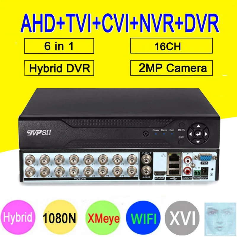 1080P CCTV Camera DC12V 3A 1080N 16CH 16 Channel Face Detection Hybrid 6 in 1 NVR TVI CVI AHD DVR Surveillance Video Recorder