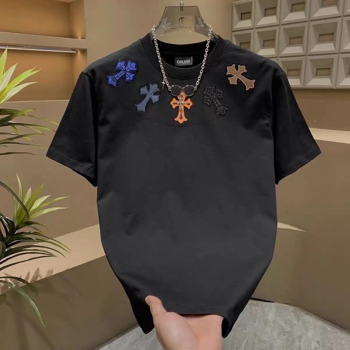 2025 New Trend Cross Printed Short Sleeve Men's and Women's Loose and Versatile Couple T-Shirt