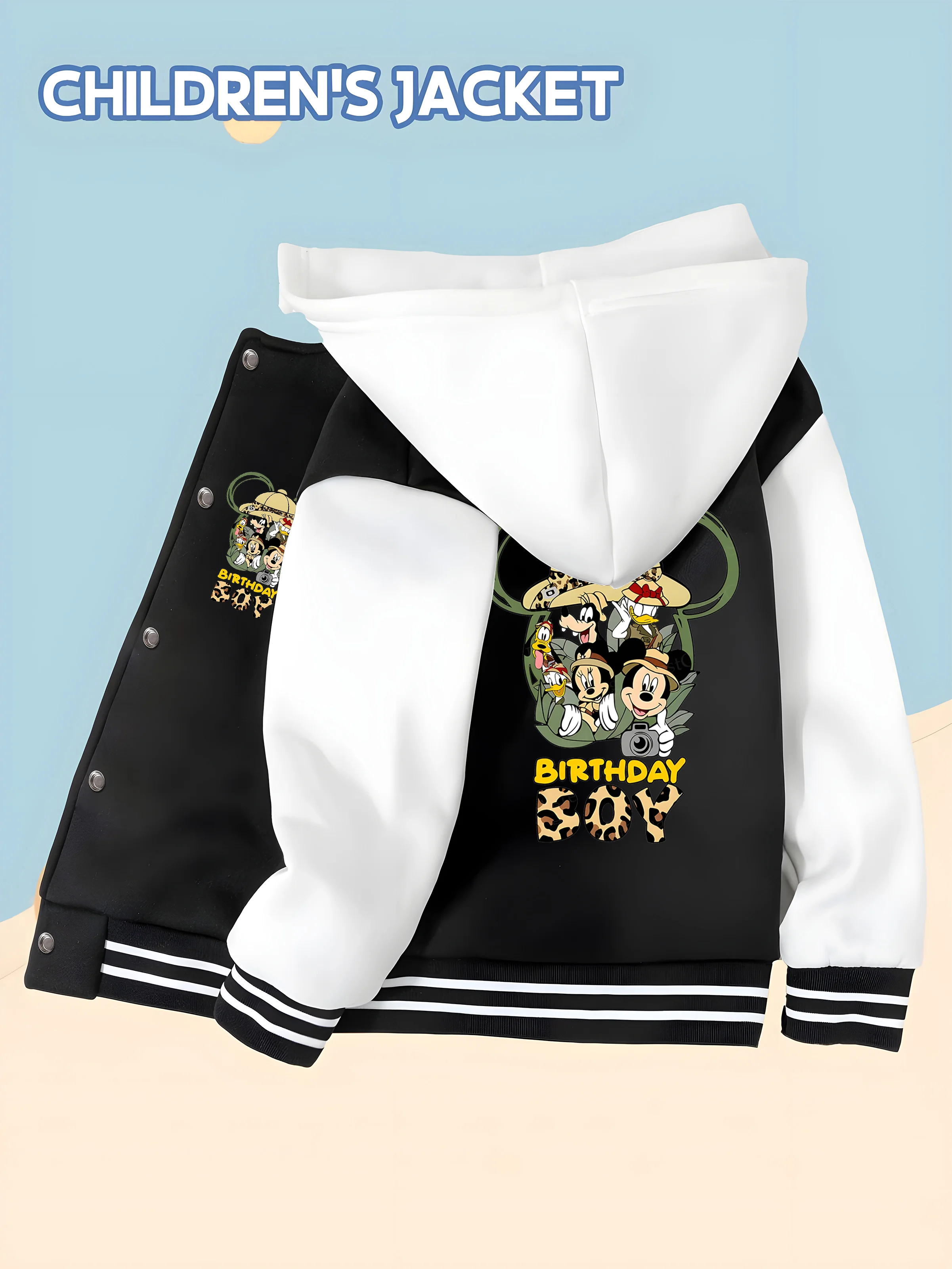 

MINISO Disney Boys Baseball Jacket-Disney Birthday Boy Print, Party Atmosphere on the Back,Suitable for Birthday Parties, School