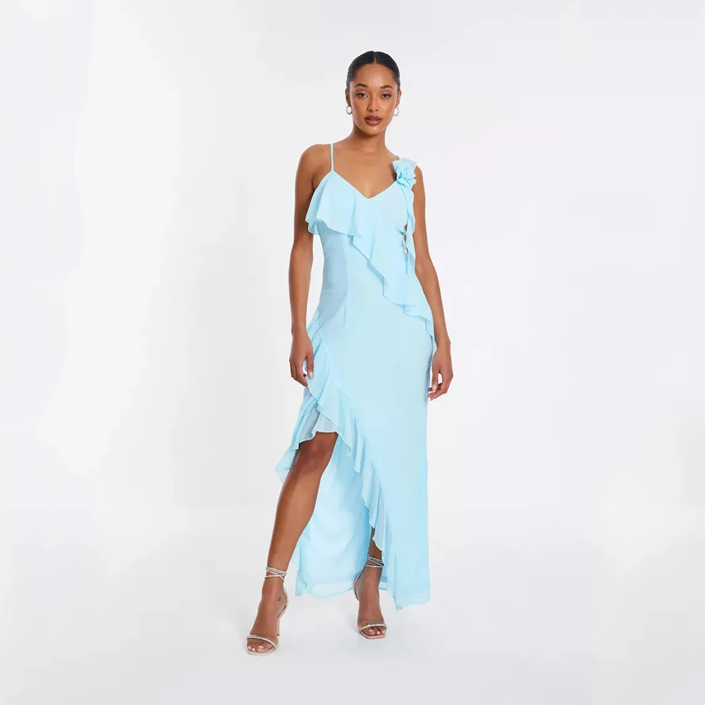 

DRESS FORU Blue Sky Elegant Evening Dresses Chiffon for Floor-Length V-Neck Prom Dress Flouncing Vestidos De Fiesta Customized