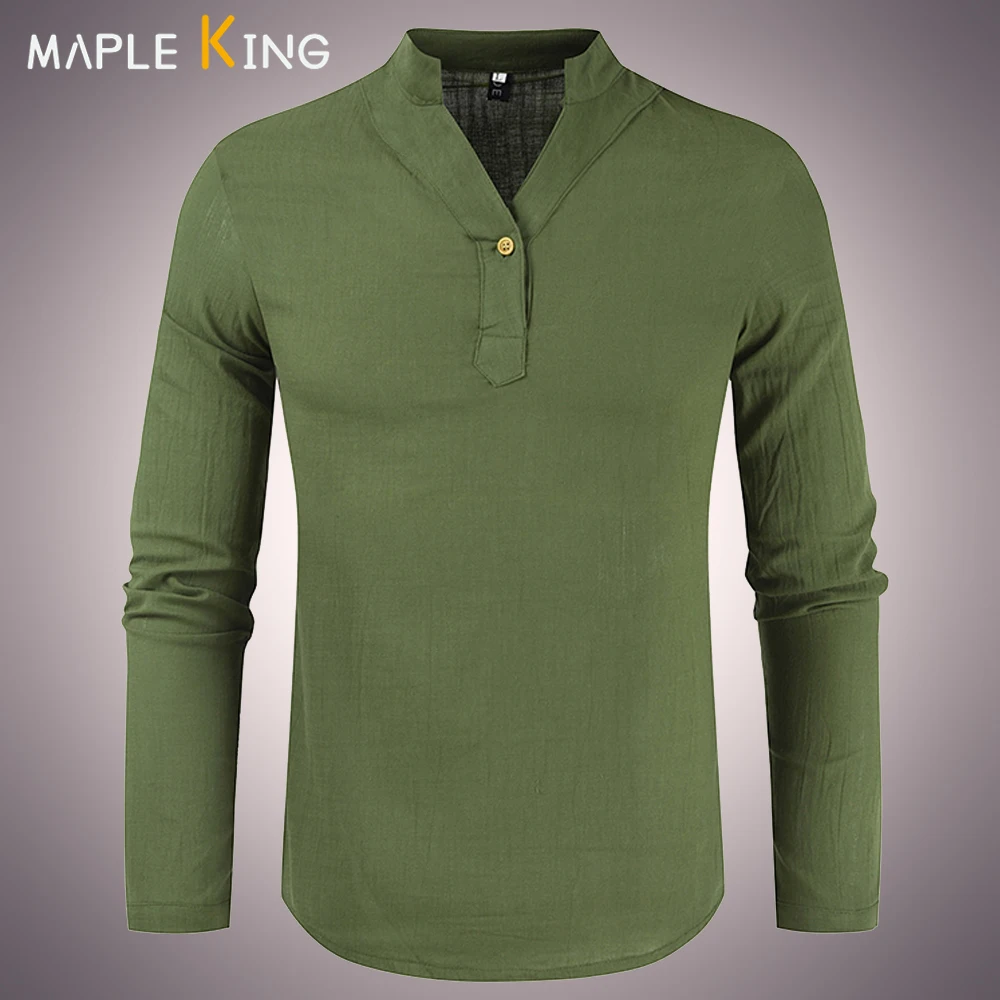 

Linen Shirt Men Long Sleeve Solid V-Neck Chemises Tee Vinatge Casual Cotton Camisas Social Masculina De Luxo Mens Muslim Shirts