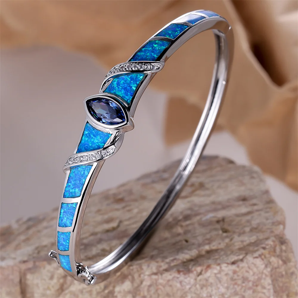 Royal Blue Crystal Marquise Stone Bangle Blue Fire Opal Bracelets For Women Vintage Silver Color Wedding Engagement Jewelry Gift