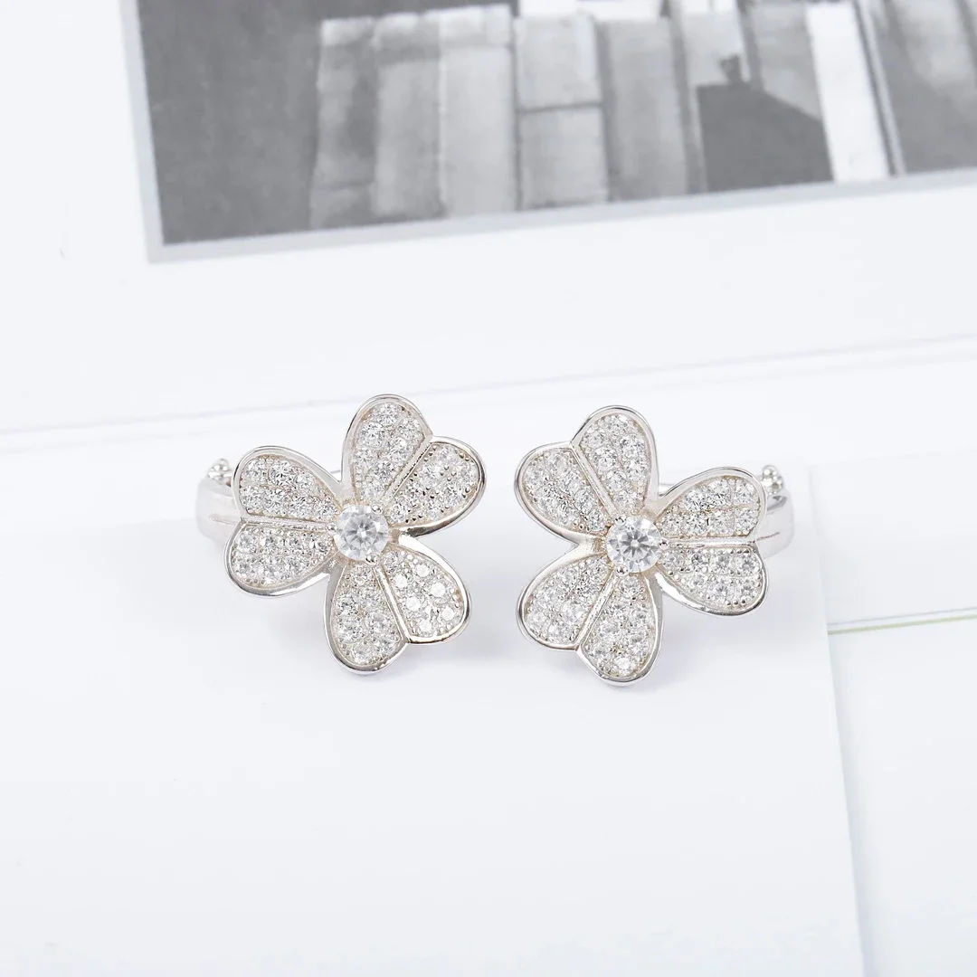 925 Silver Rose Gold Clover Flower Full Diamond Earring Woman Top Quality Fine Luxury Jewelry Trend