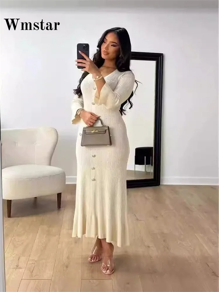 

Wmstar Dresses for Women Wholesale Long Sleeve Bodycon Knitted V Neck Maxi Dress Fashionable for Fall Winter Drop Shopping