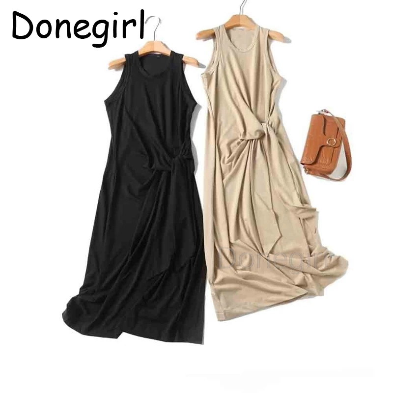 Donegirl Vrouwen 2024 Zomer Nieuwe Mode Knoop Strakke Taille Casual Jurk Chique Ronde Hals Mouwloze All-Match Lange Jurken Mujer