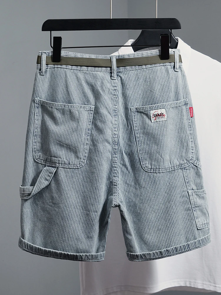 

Джинсовые орты в японскую полоску в стиле ретро, мужские летние тонкие свободные брюки средней длины с пятью точками, модный дизайн, Sensation Haome