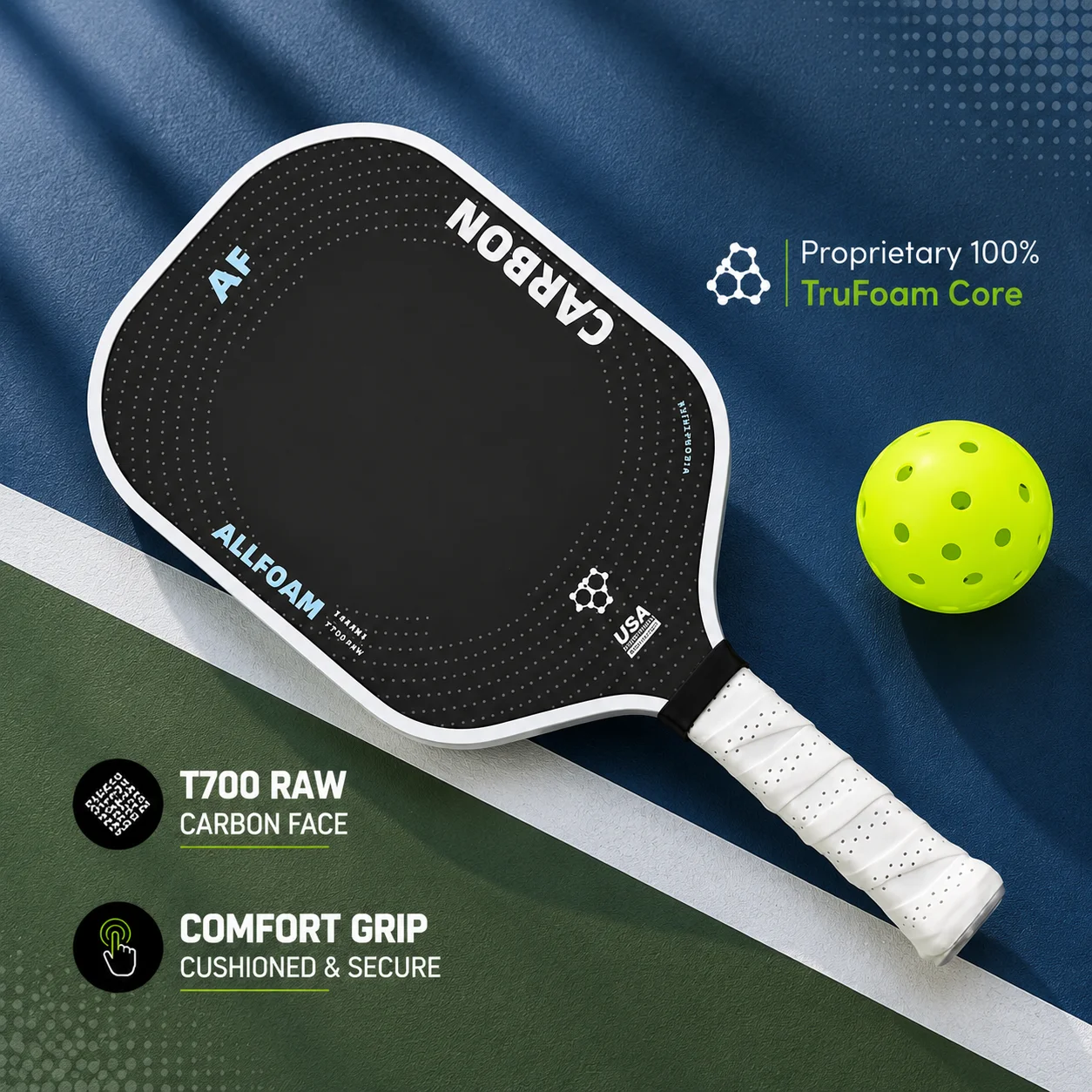 T700 Carbon Fiber Pickleball Paddle, Hot Press Integral Forming, EPP Foam Inner Core, 16mm Thickness, Non-Slip Handle, Professio